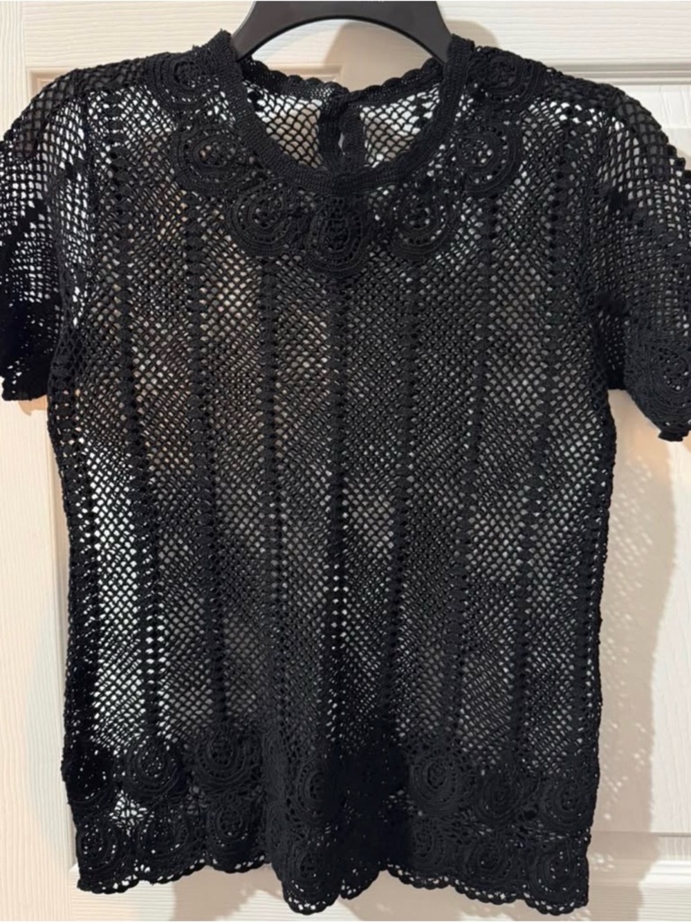 Black Crochet Short-Sleeve Top - Women
